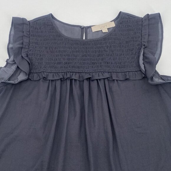 LOFT  Size M Gray Satin Sleeveless Smocked Ruffled Front Blouse - Picture 8 of 11